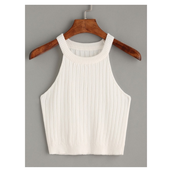 MBM Unlimited Tops - White Halter Ribbed Knitted Crop Top